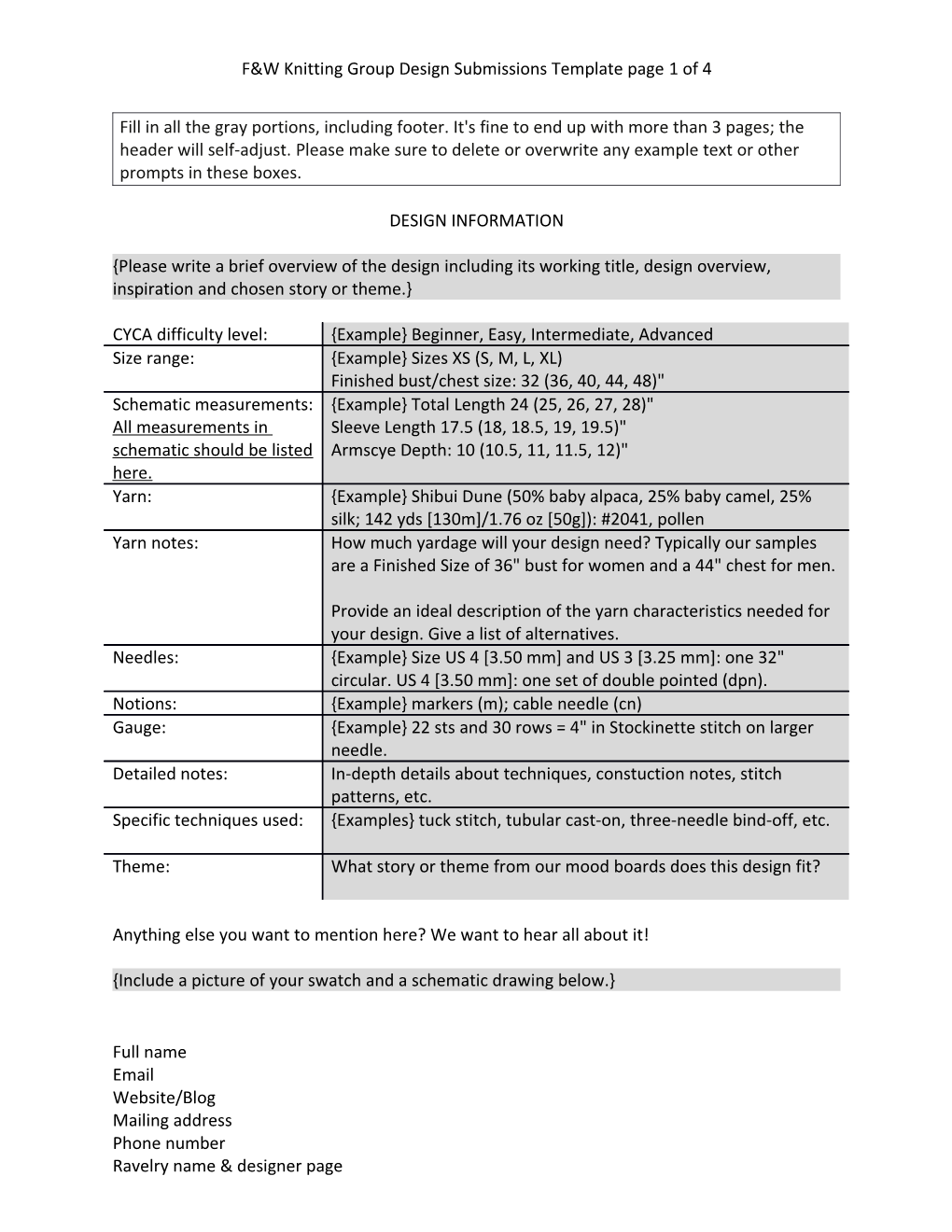 F&W Knitting Group Design Submissions Template Page 1 of 3