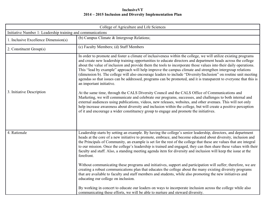 2014 2015 Inclusion and Diversity Implementation Plan