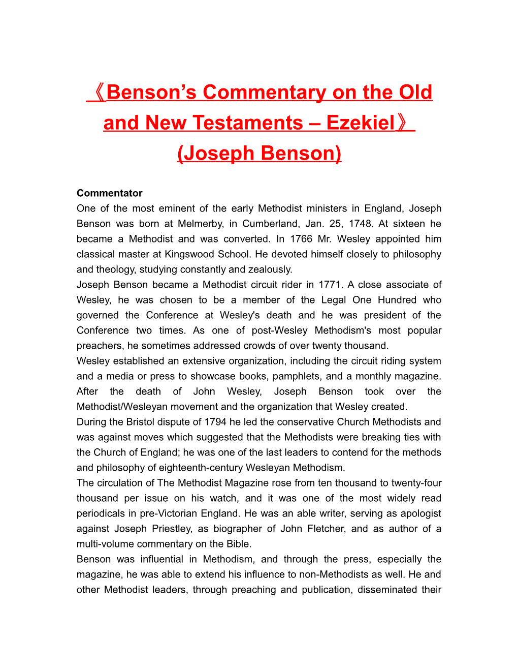 Benson S Commentary on the Old and New Testaments Ezekiel (Joseph Benson)