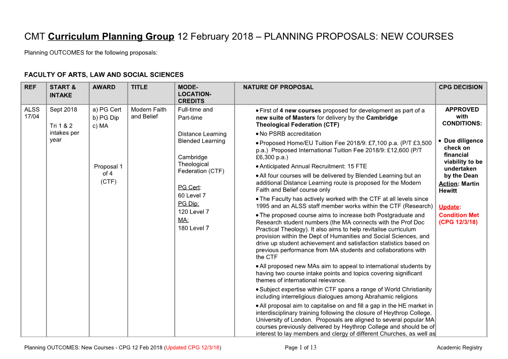 CMT Curriculum Planning Group 12February 2018 PLANNING PROPOSALS: NEW COURSES