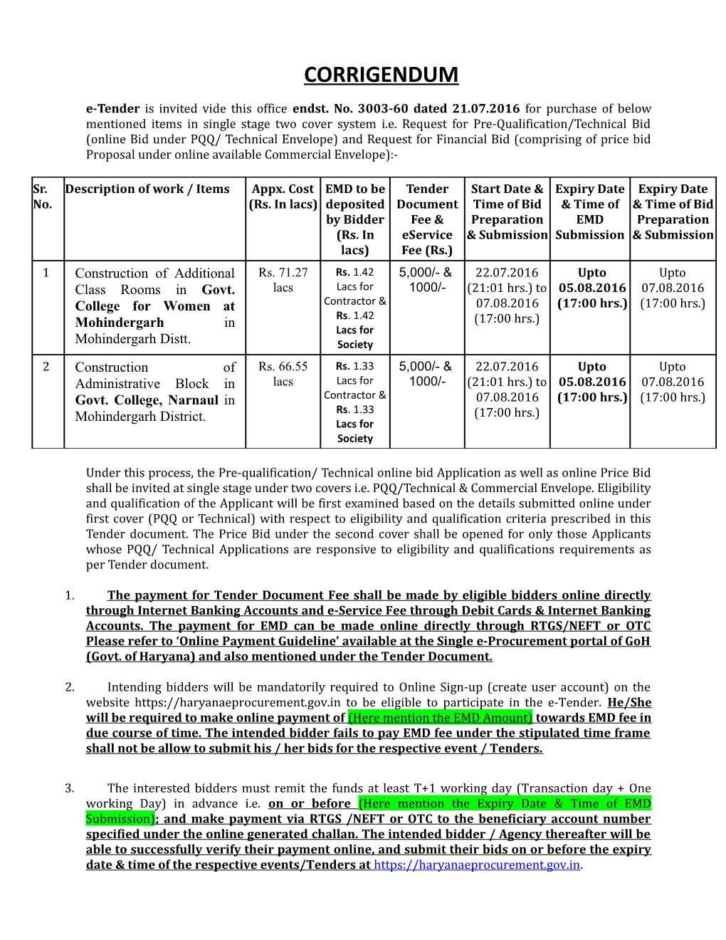 E-Tender Is Invited Vide This Office Endst. No. 3003-60 Dated 21.07.2016 for Purchase Of