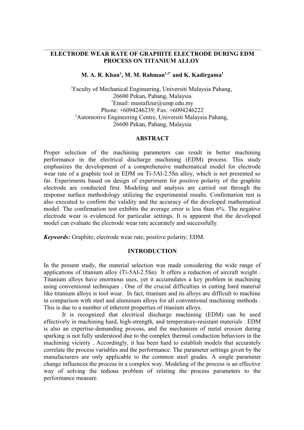 Electrode Wear Rate of Graphite Electrode During Edm Process on Titanium Alloy