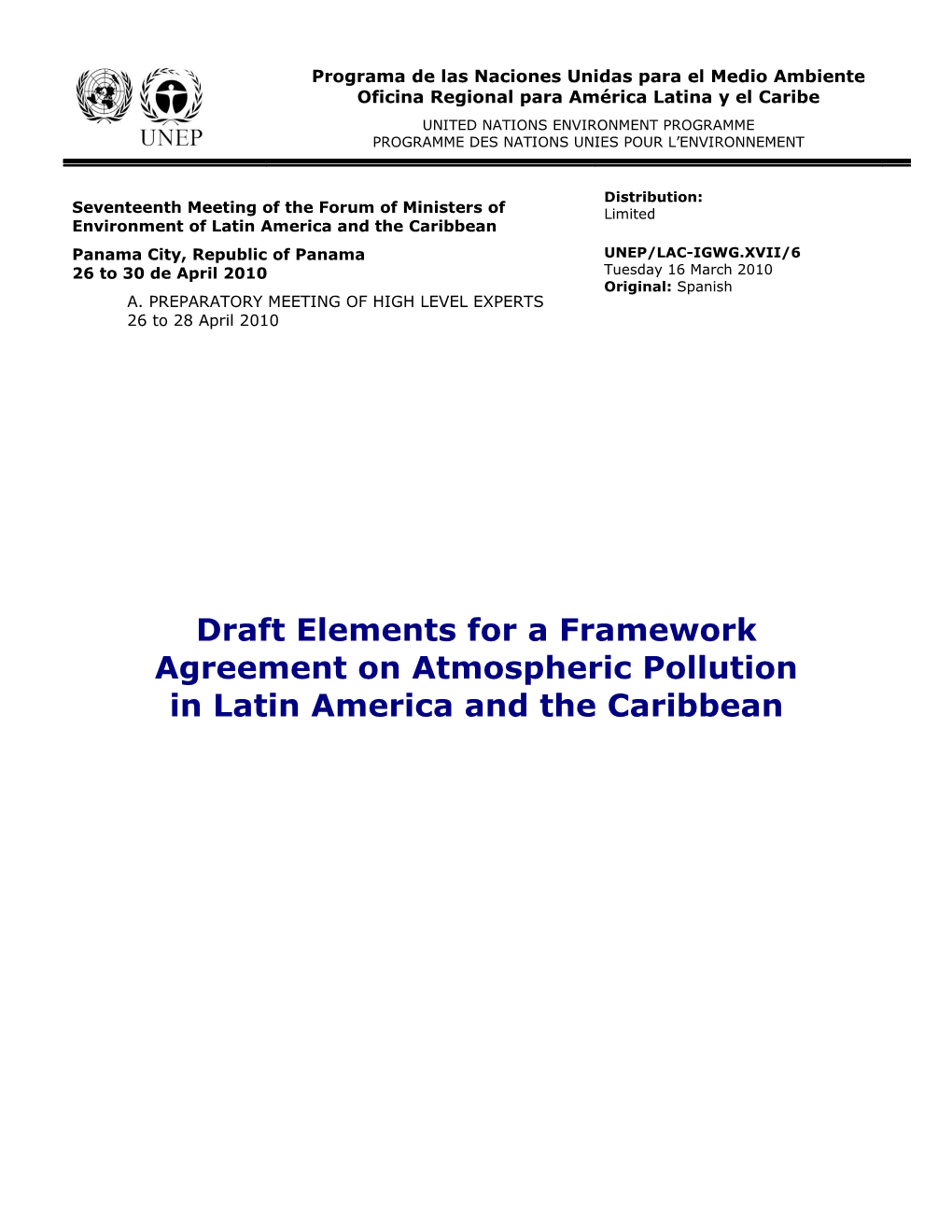 Draft Elements for a Framework Agreement on Atmospheric Pollution in Latin America And