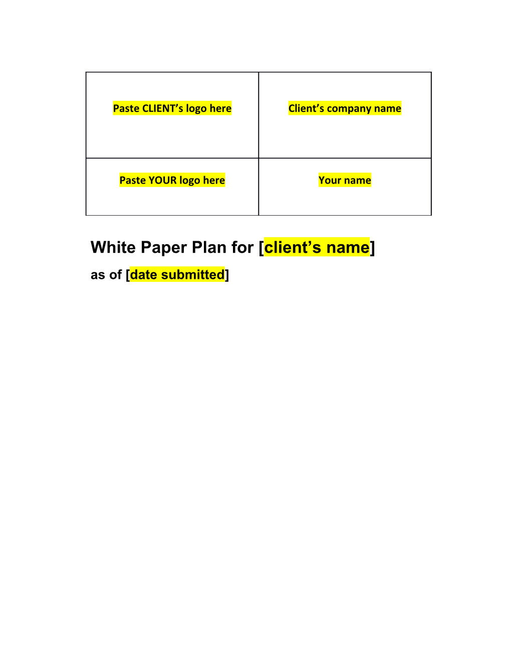 White Paper Plan for Client S Name