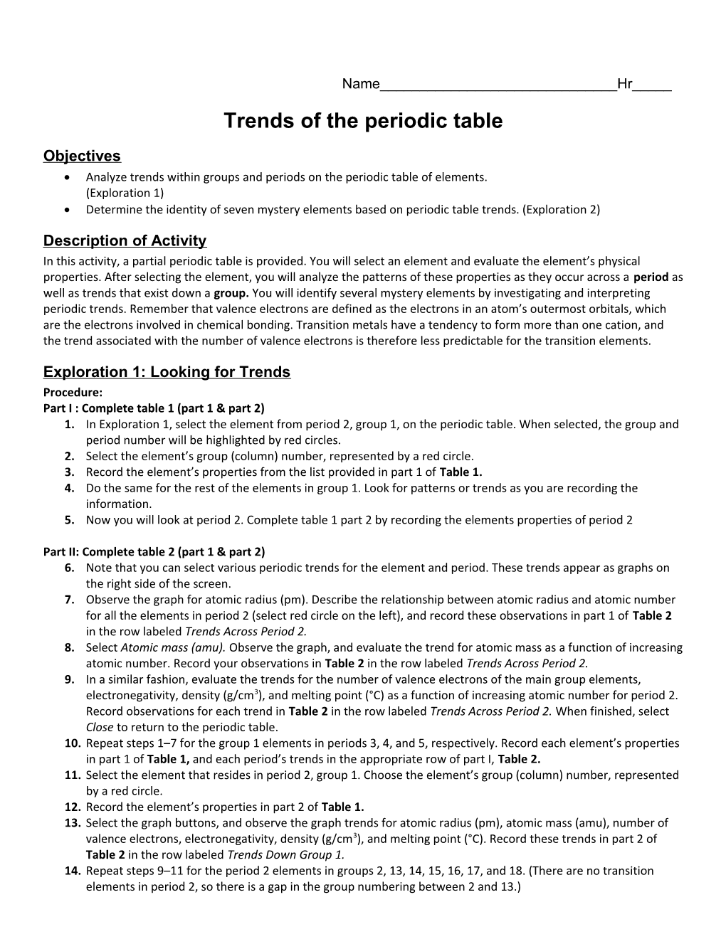 Trends of the Periodic Table