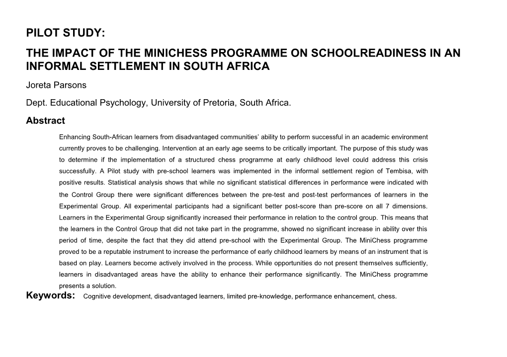 The Impact of the Minichess Programme on Schoolreadiness in an Informal Settlement In