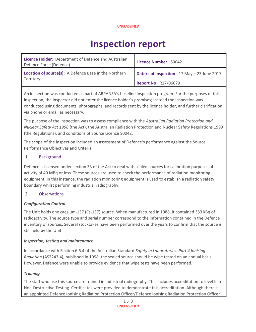 Inspection Report: a Defence Base in the Northern Territory