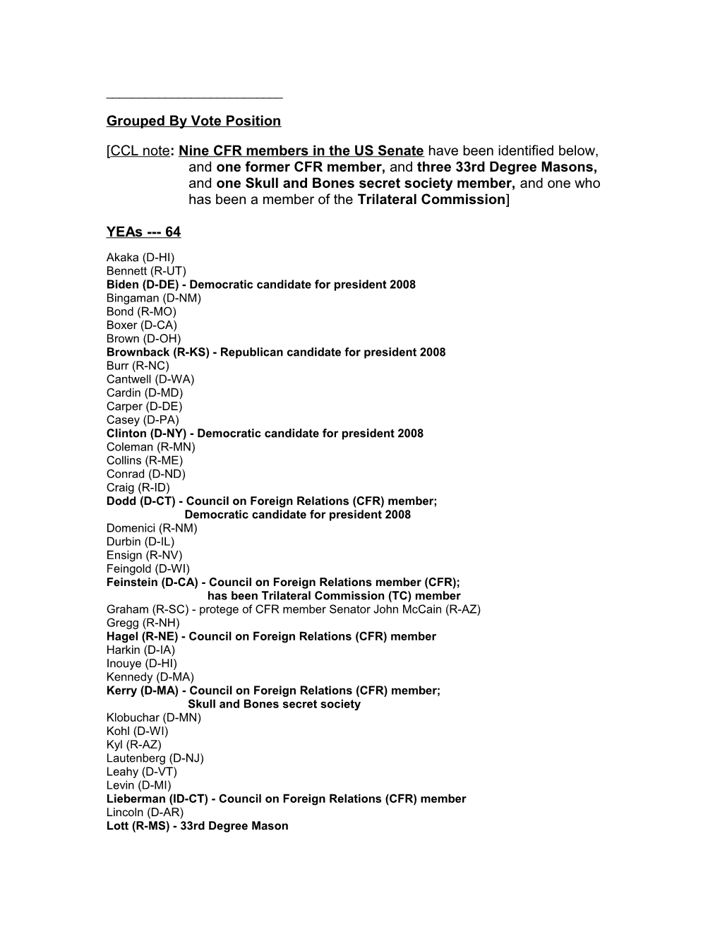 64 - 35 Senate Roll Call Cloture Vote Revives Amnesty Bill - June 26, 2007