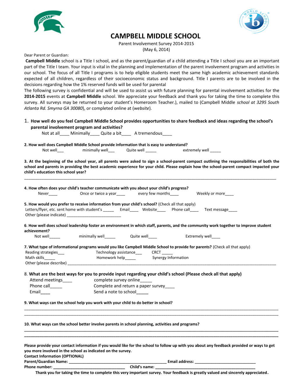 Parent Involvement Survey 2014-2015