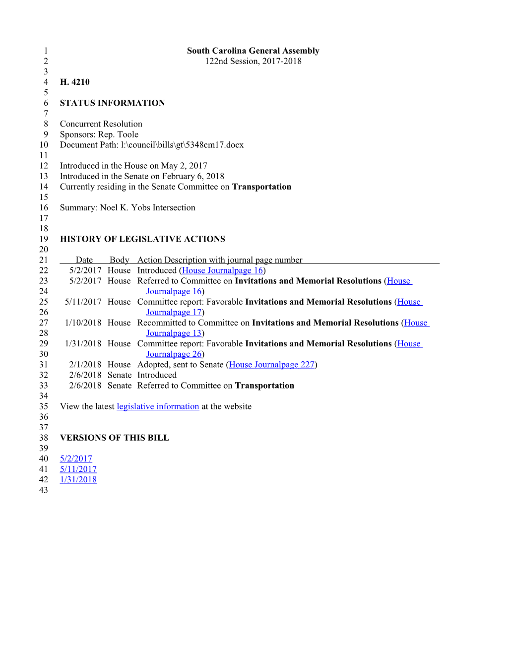 2017-2018 Bill 4210: Noel K. Yobs Intersection - South Carolina Legislature Online