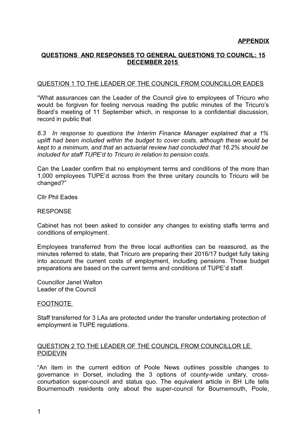 Questions and Responses to General Questions to Council: 15December 2015