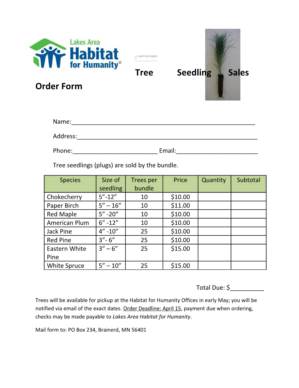Tree Seedling Sales Order Form