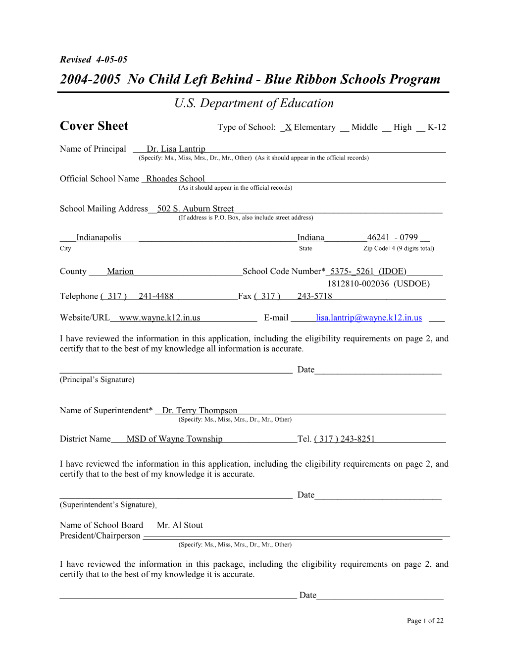 Rhoades Elementary School Application: 2004-2005, No Child Left Behind - Blue Ribbon Schools