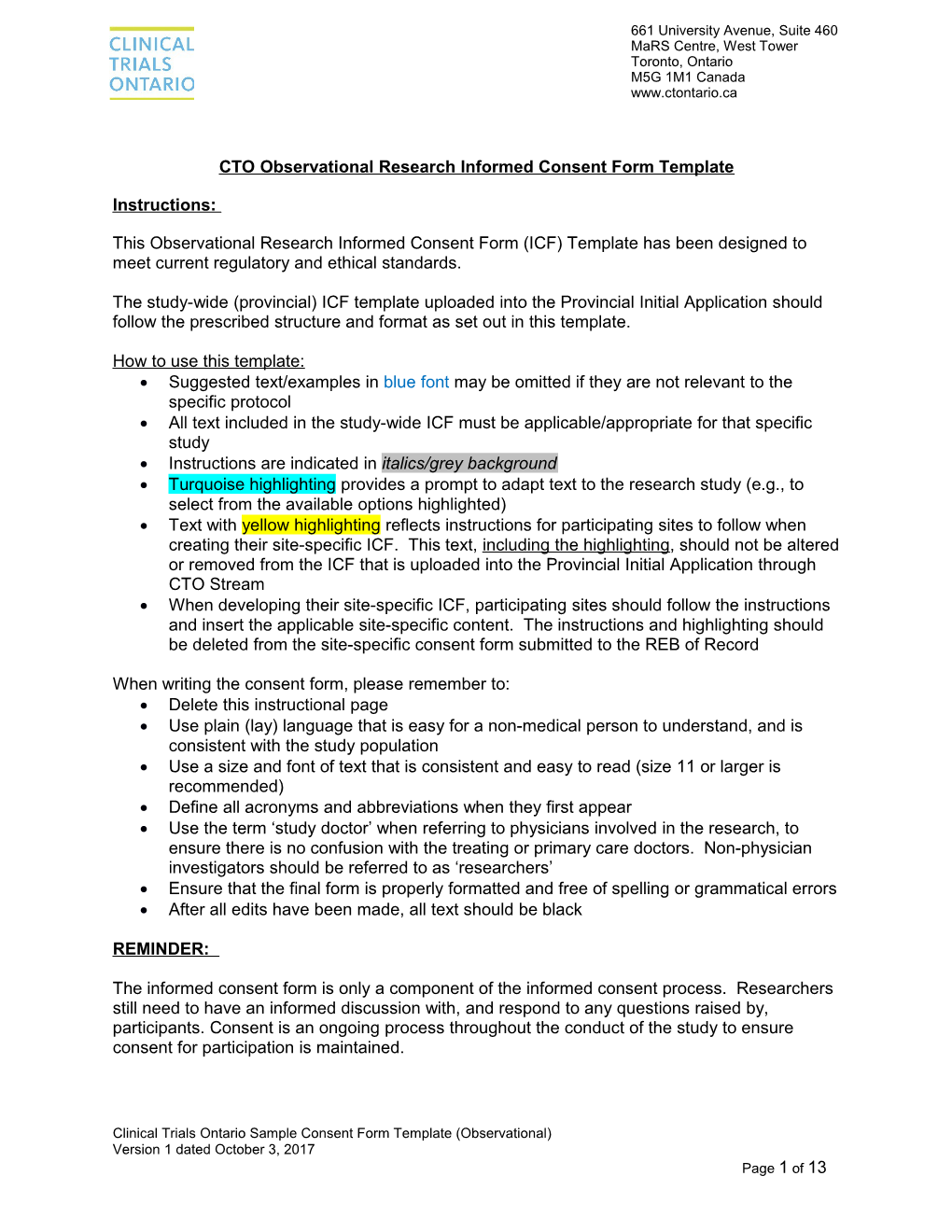 CTO Observational Research Informed Consent Form Template