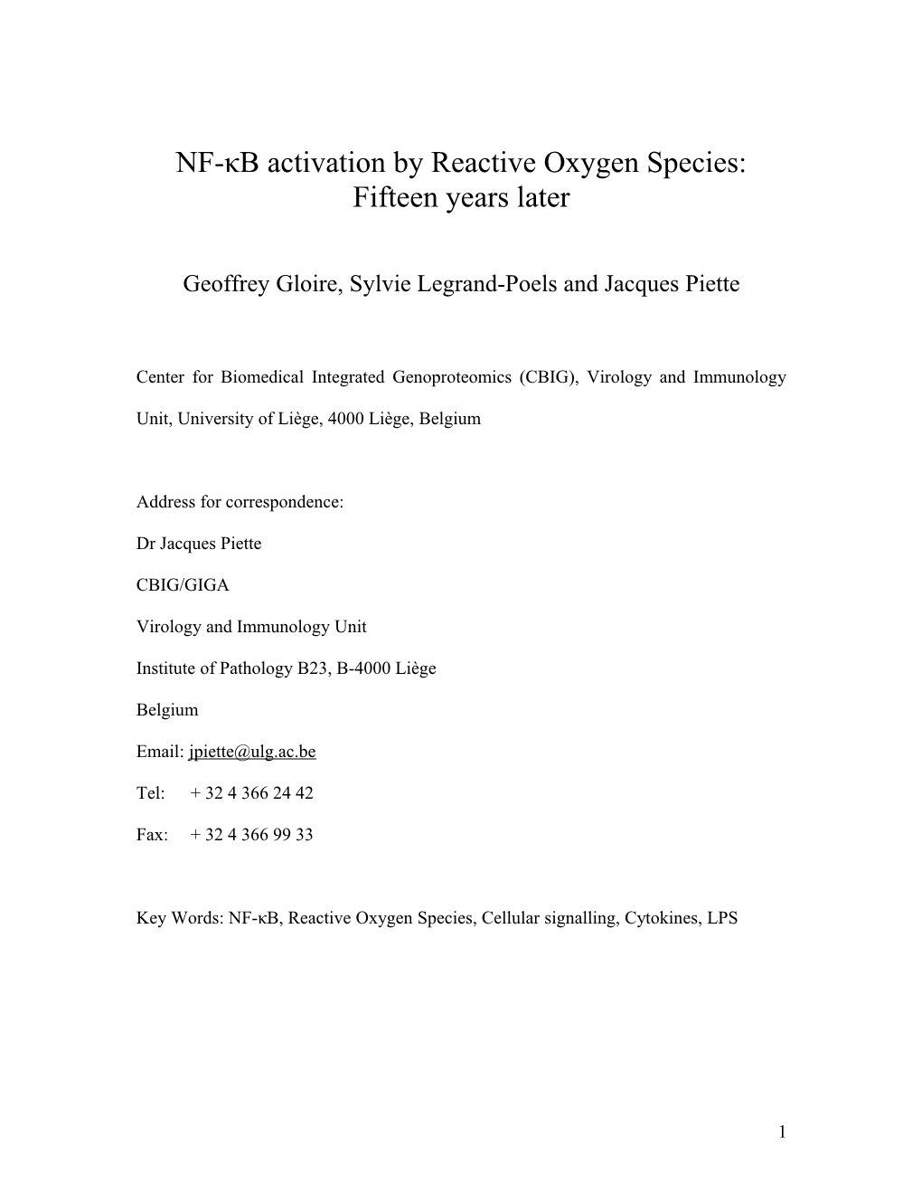NF-Κb Activation by Reactive Oxygen Species: 15 Years Later