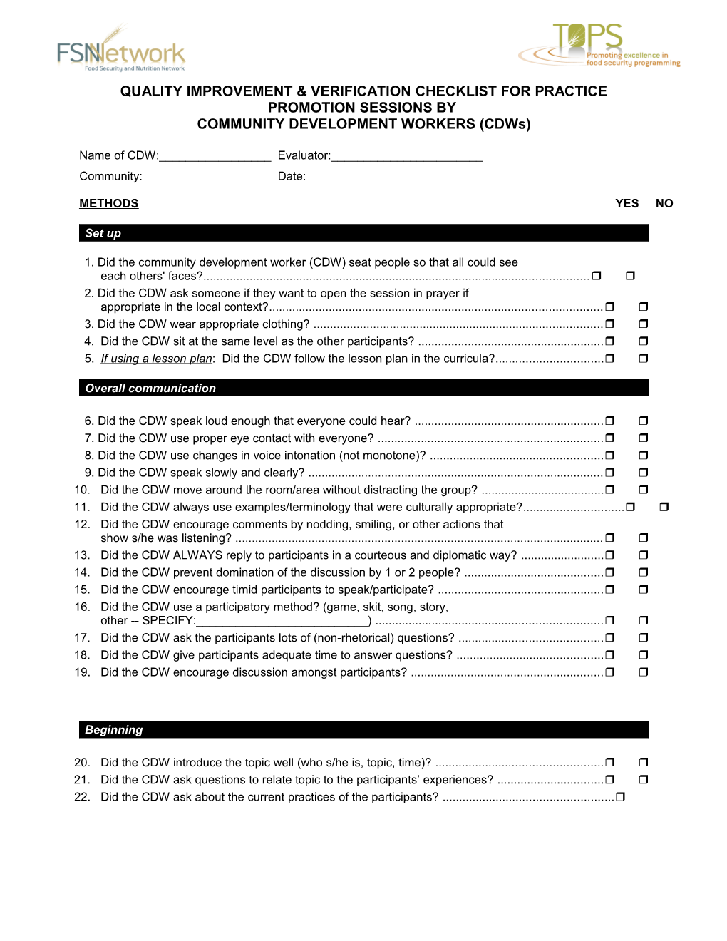 Checklist for Health Education Sessions By