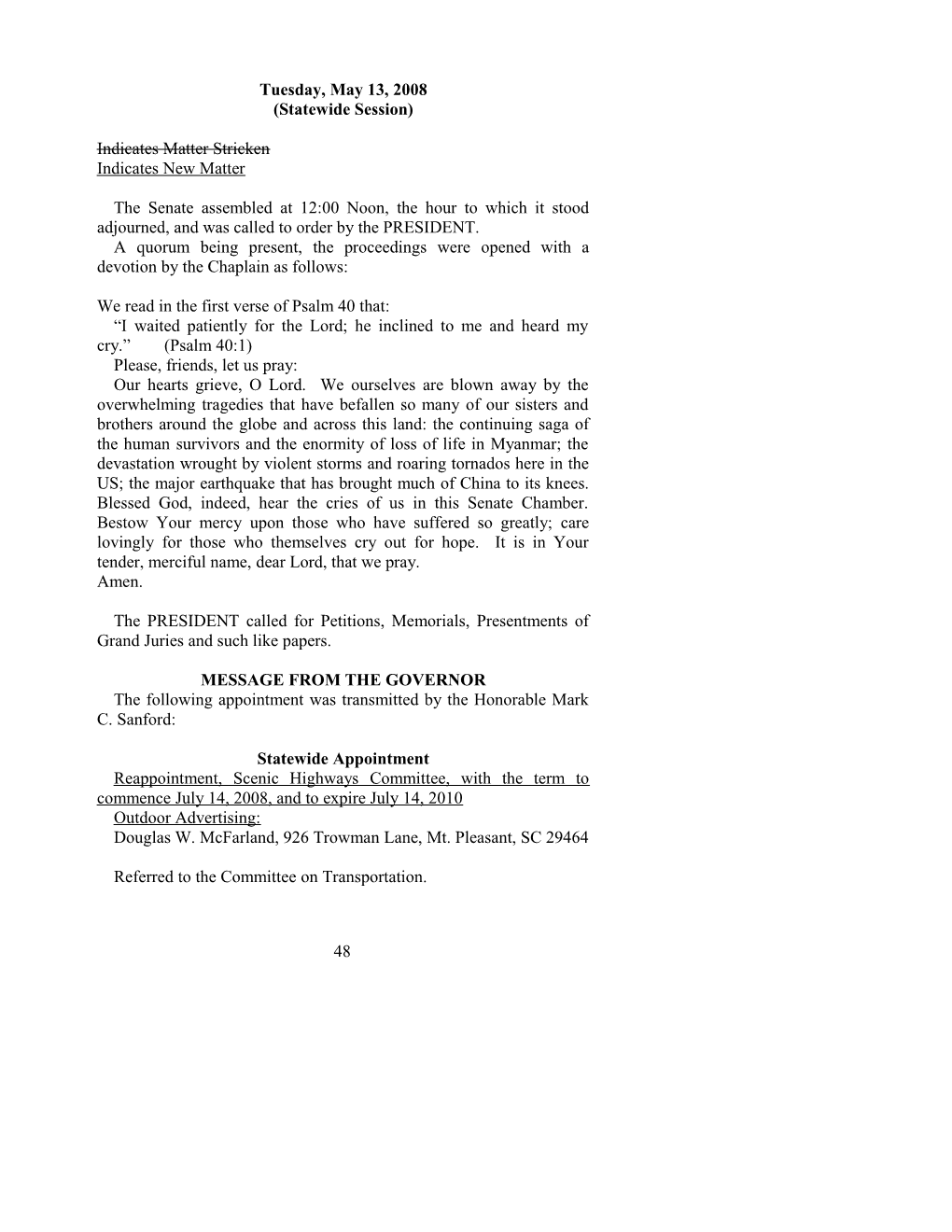 Senate Journal for May 13, 2008 - South Carolina Legislature Online