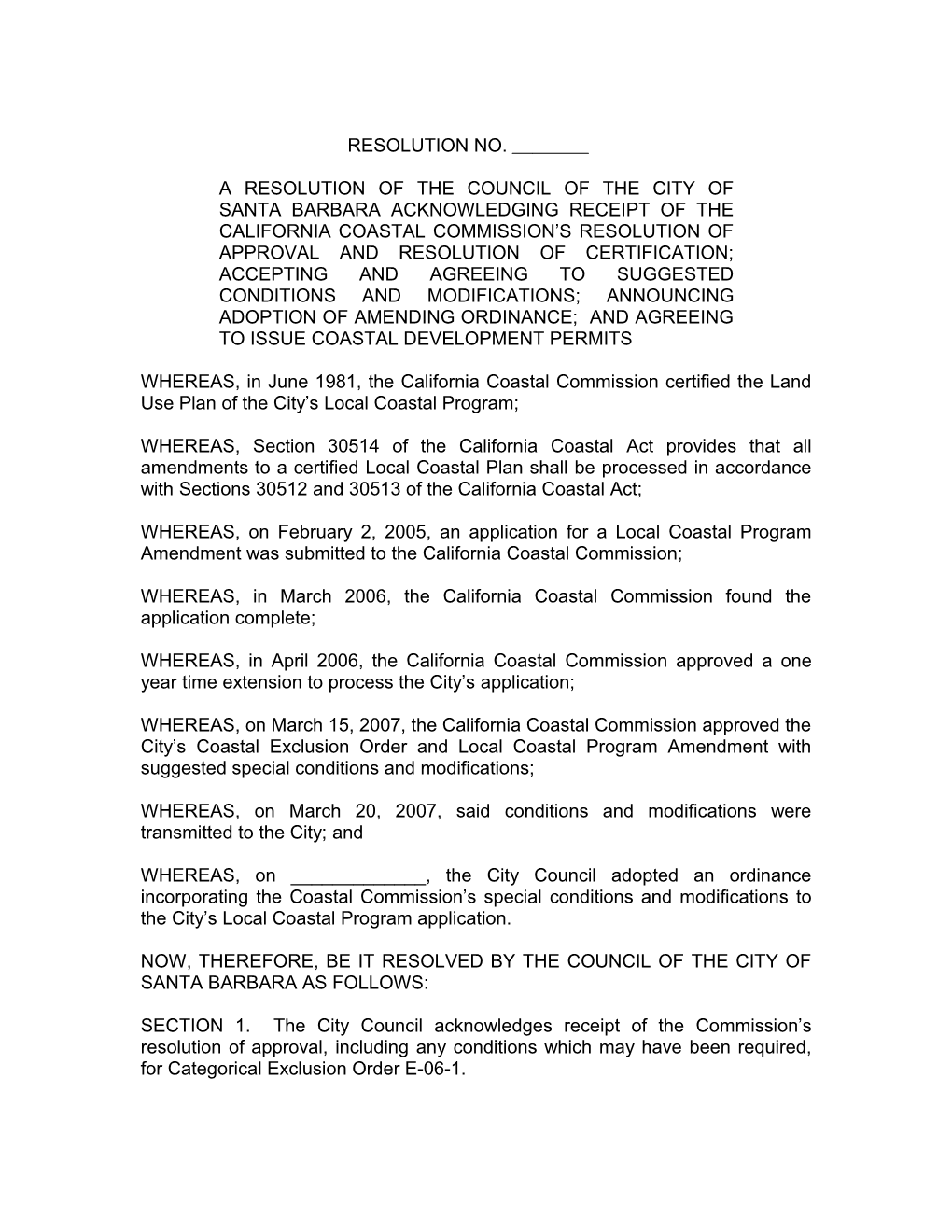 a Resolution of the Council of the City of Santa Barbara That Completes the Coastal Commission