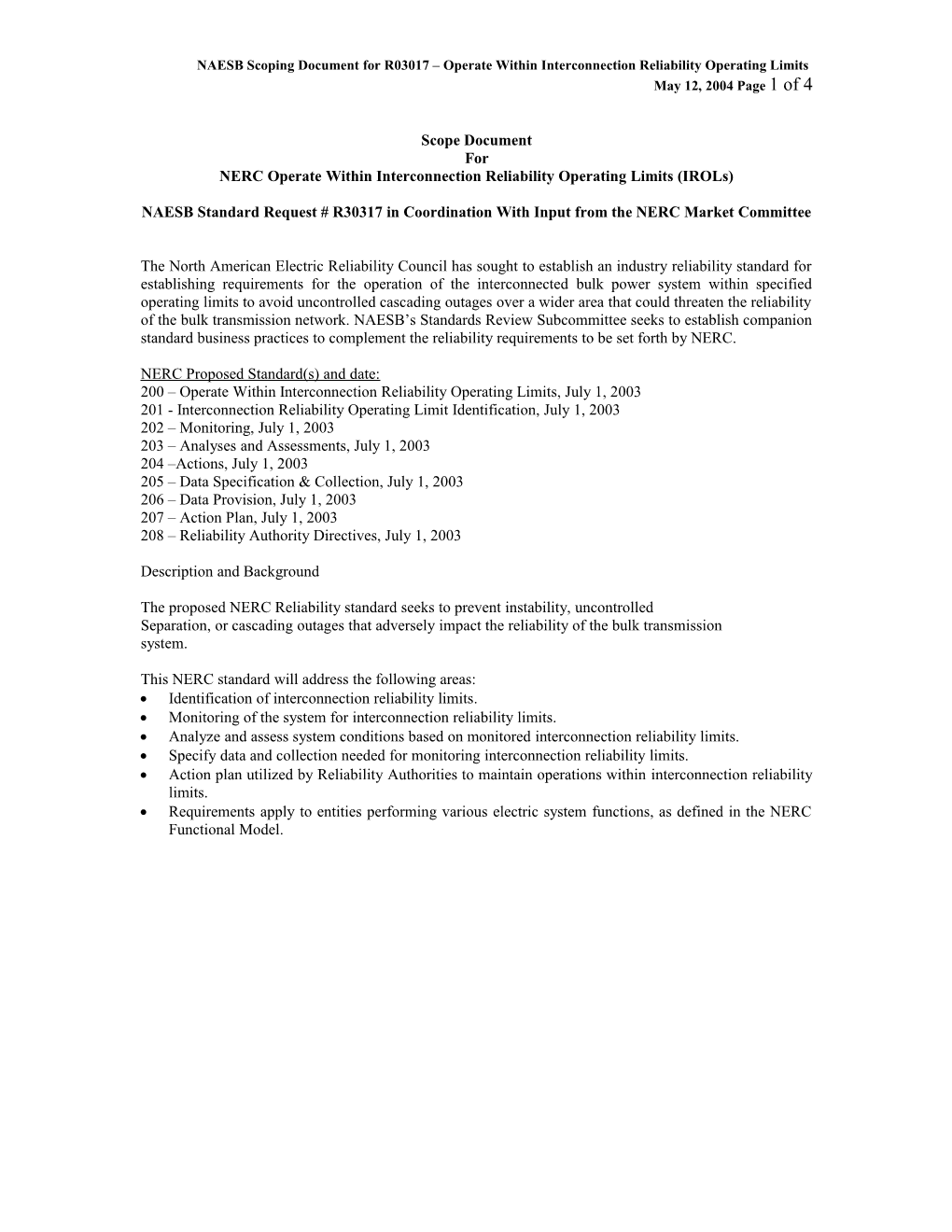 NAESB Scoping Document for R03017 Operate Within Interconnection Reliability Operating Limits