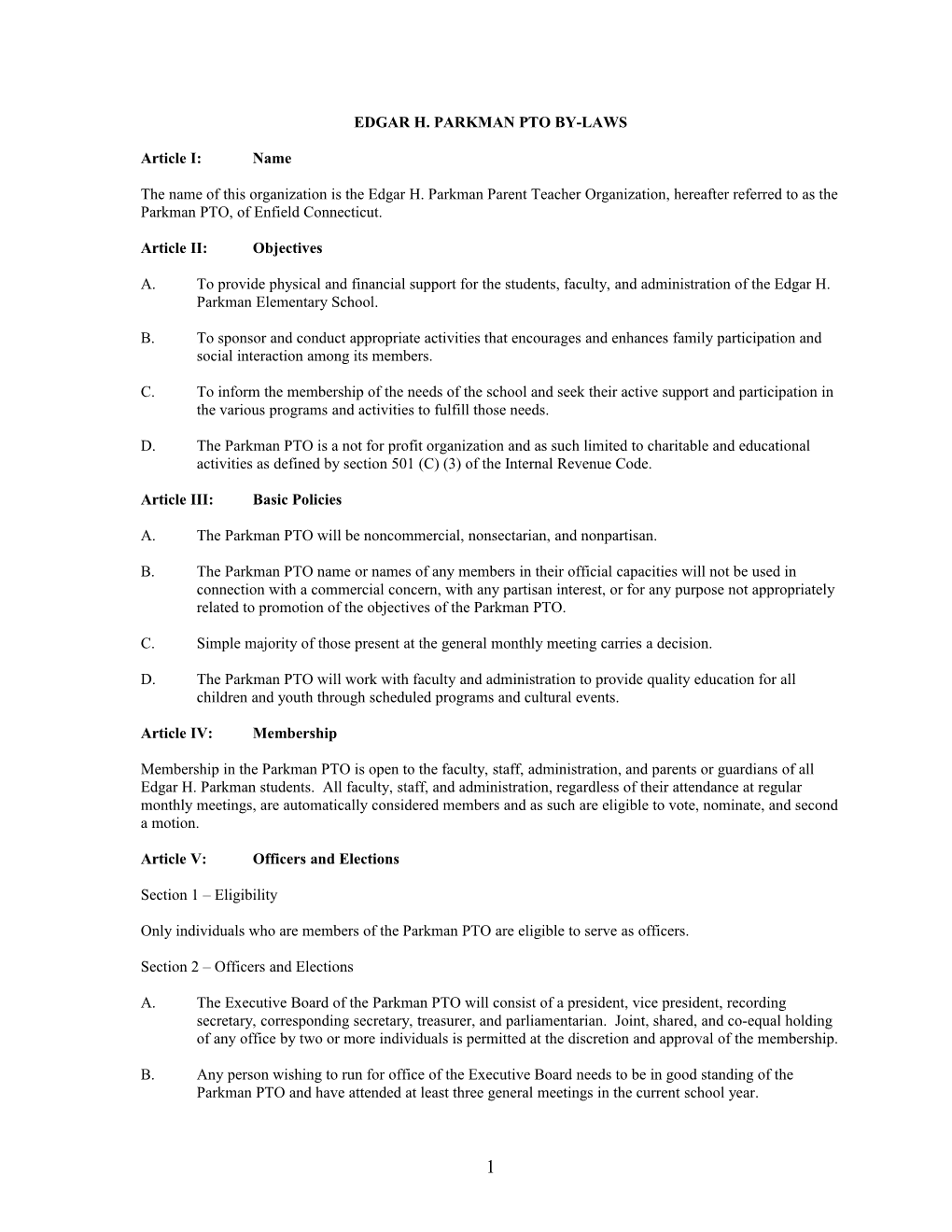 Edgar H. Parkman Pto By-Laws