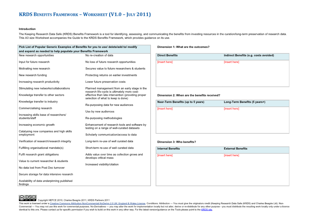 KRDS Benefits Framework Worksheet (V1.0 July 2011)