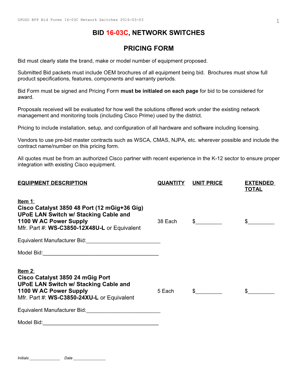 OPUSD RFP Bid Forms 16-03C Network Switches 2016-03-03