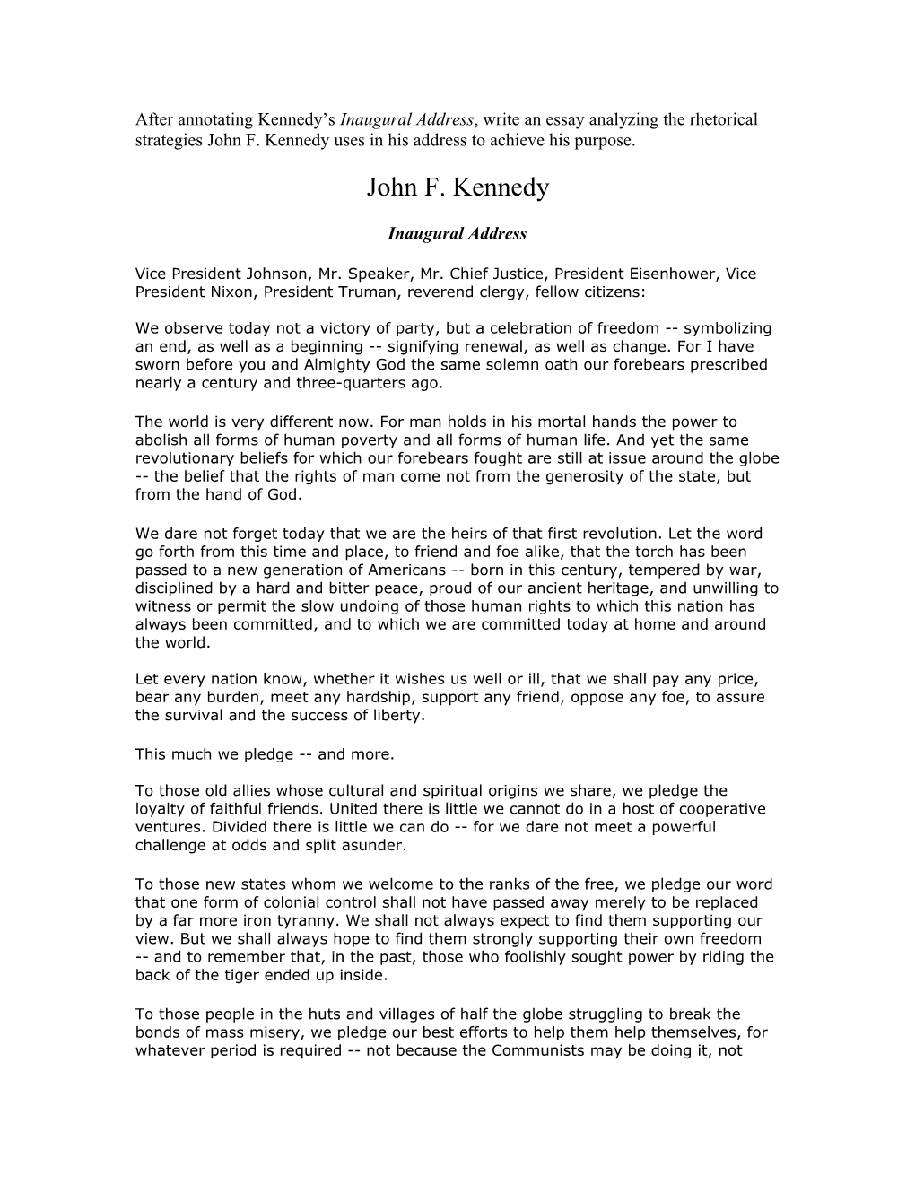 After Annotating Kennedy S Inaugural Address, Write an Essay Analyzing the Rhetorical Strategies