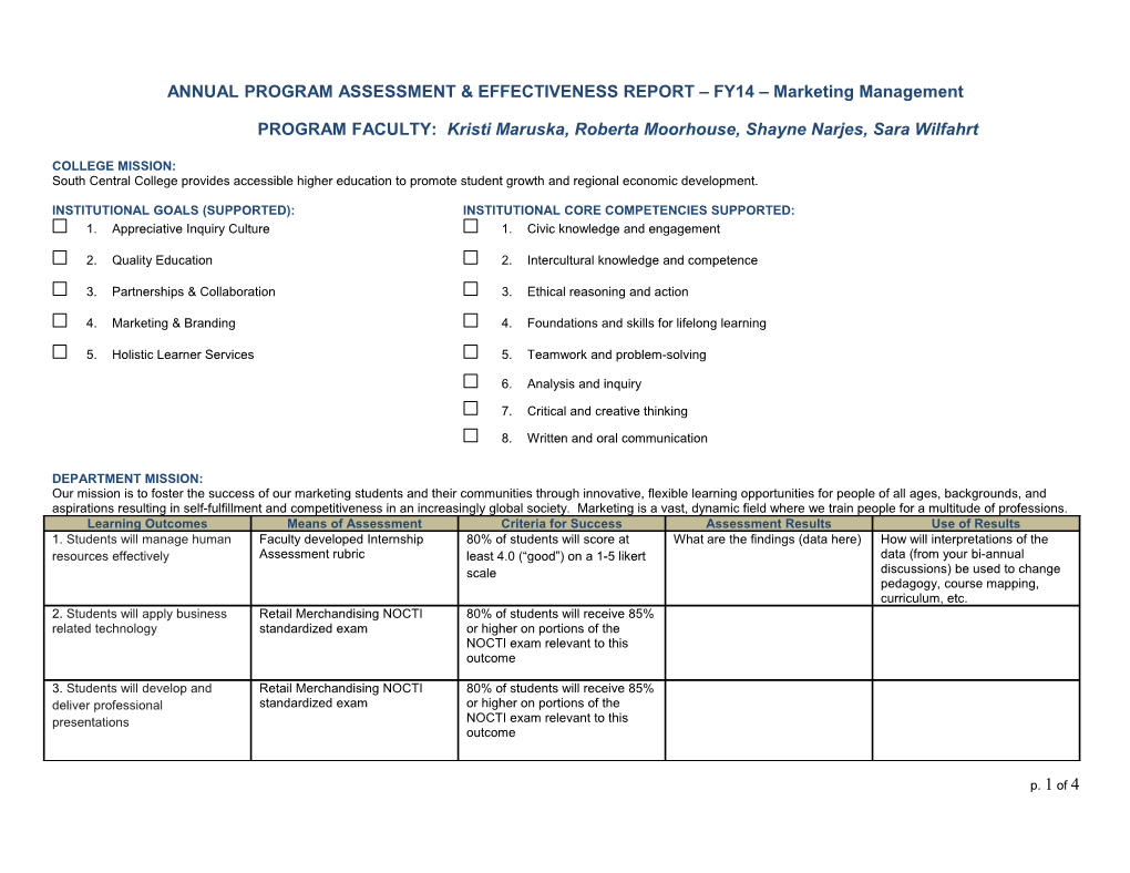 ANNUAL PROGRAMASSESSMENT & EFFECTIVENESS REPORT FY14 Marketing Management