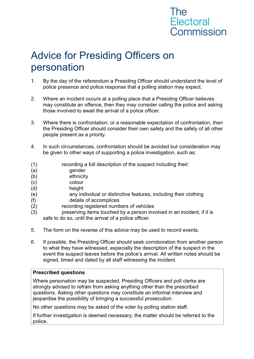 Advice for Presiding Officers on Personation