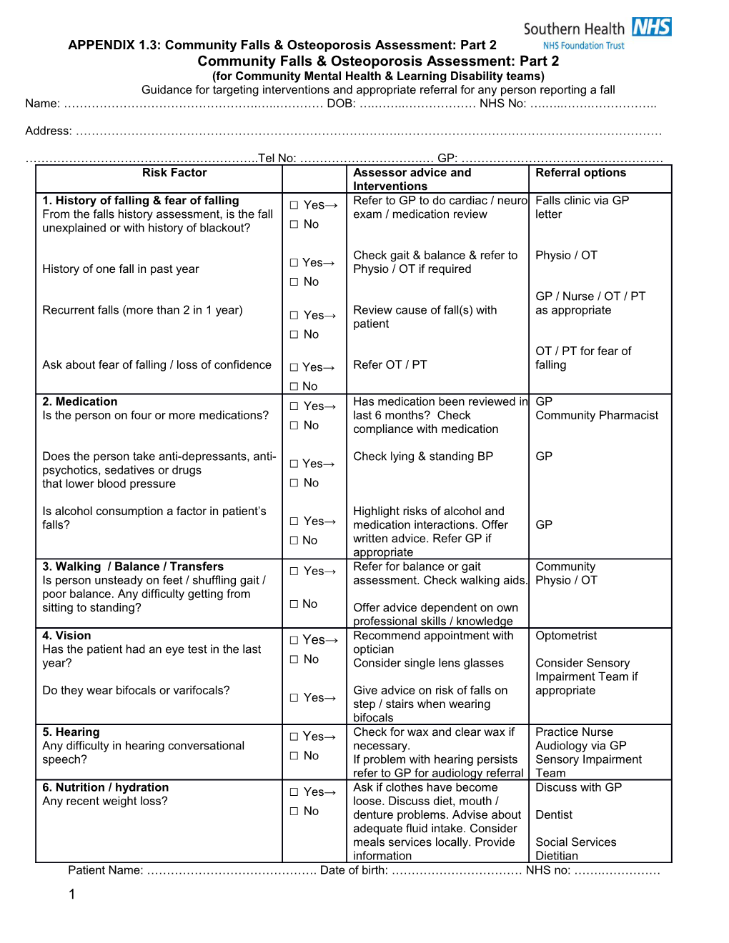 Community Falls & Osteoporosis Assessment: Part 2