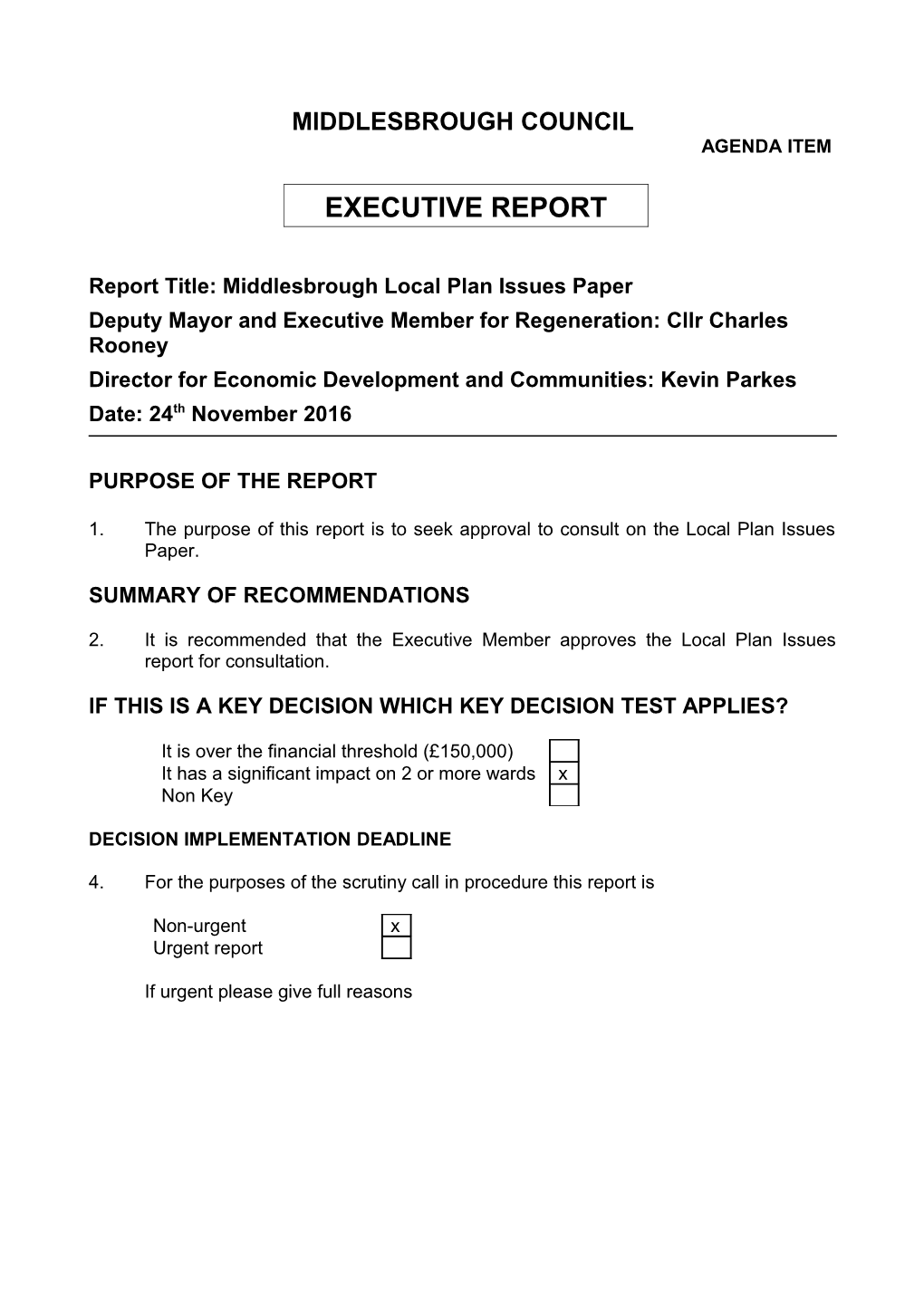 Report Title: Middlesbrough Local Plan Issues Paper