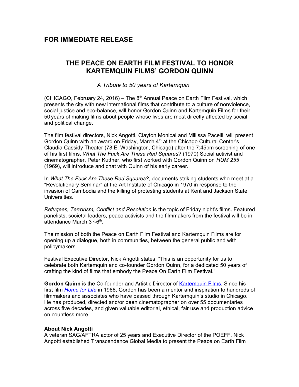 The Peace on Earth Film Festival to Honor