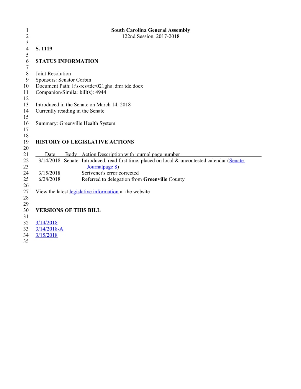 2017-2018 Bill 1119: Greenville Health System - South Carolina Legislature Online