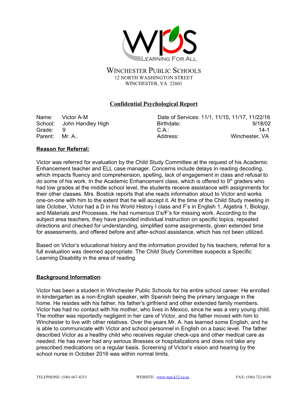 Confidential Psychological Report Page 1Victor A-M