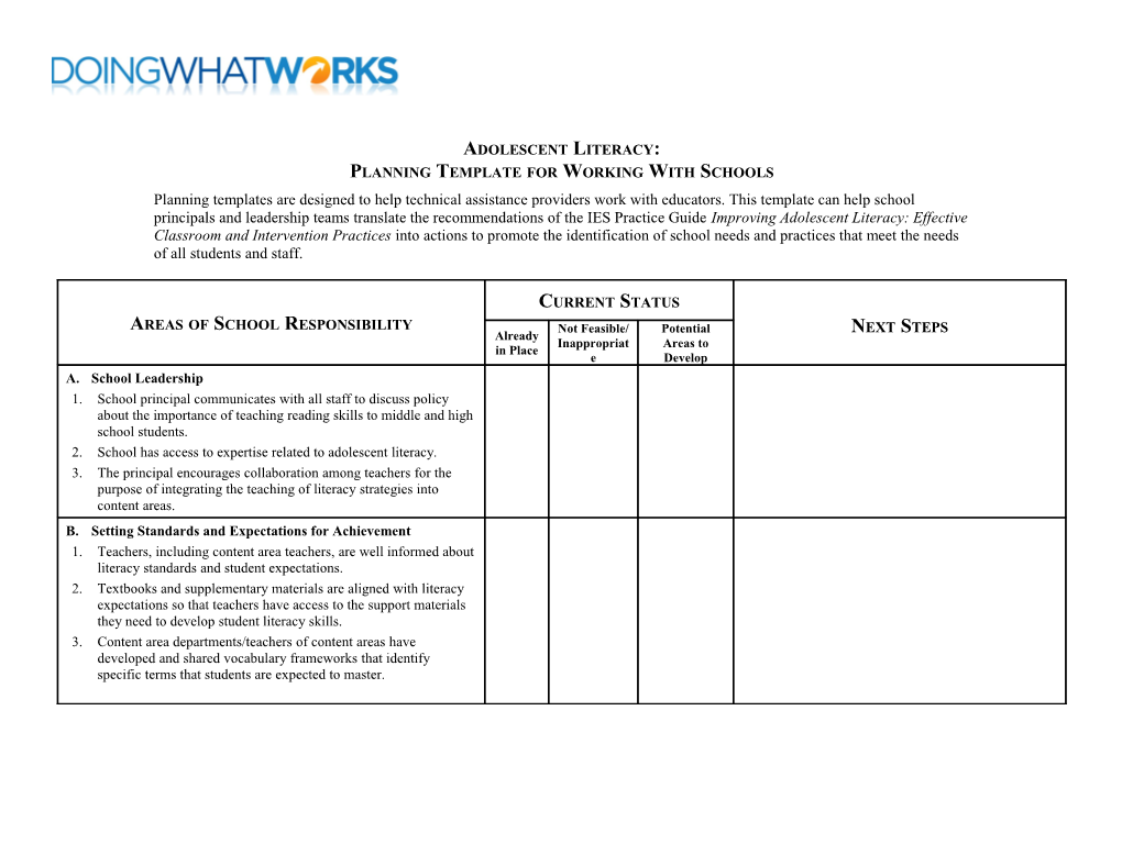 Adolescent Literacy:Planning Template for Working with Schools