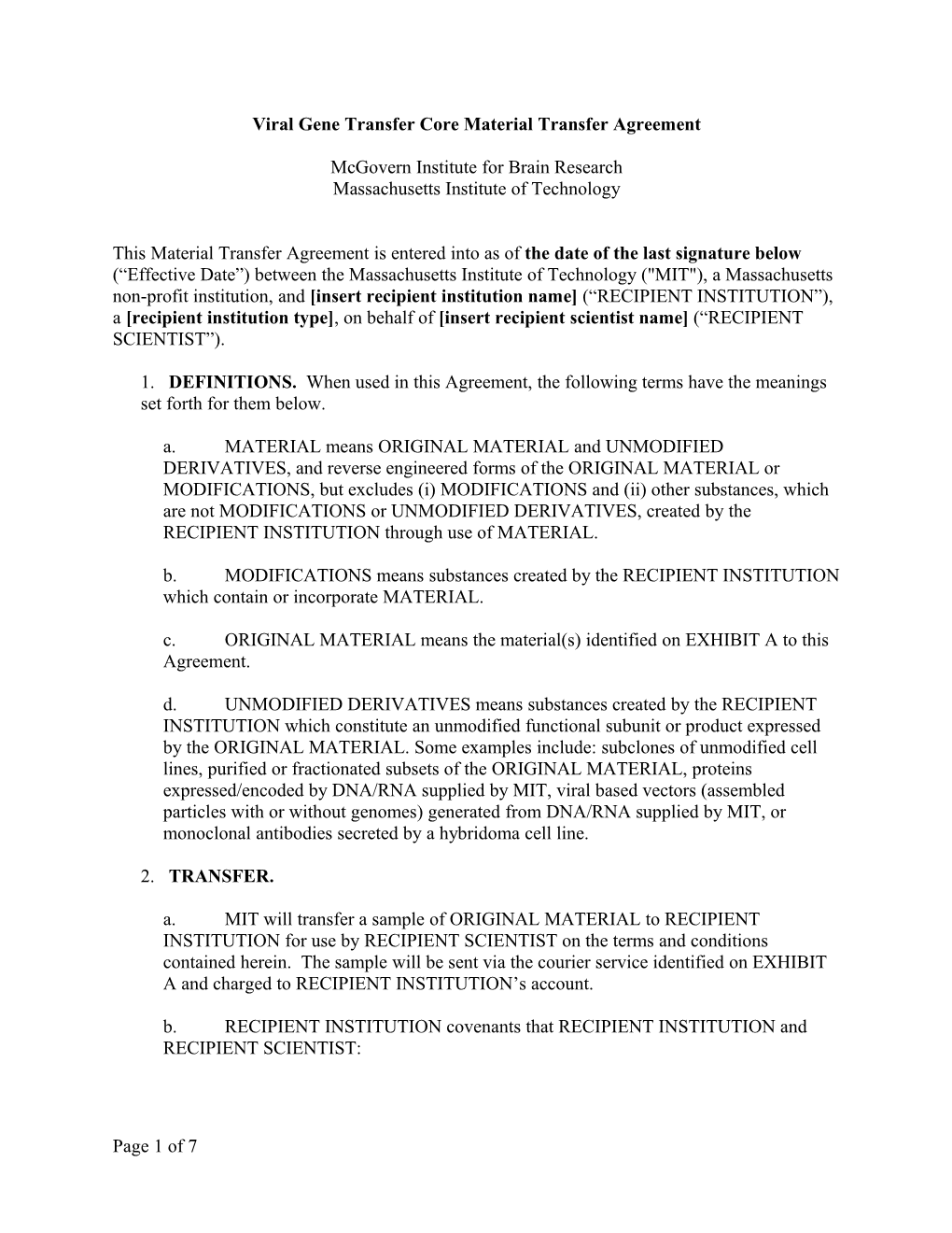 Viral Gene Transfer Core Material Transfer Agreement