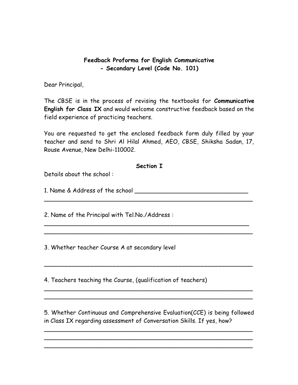 Feedback Proforma for English Communicative