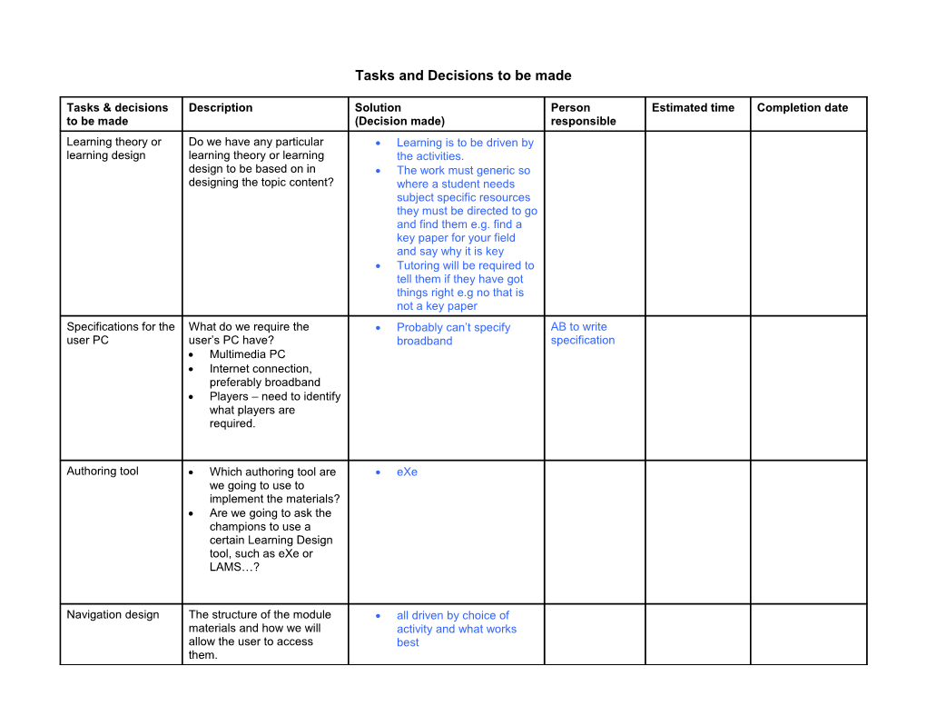 Tasks and Decisions to Be Made