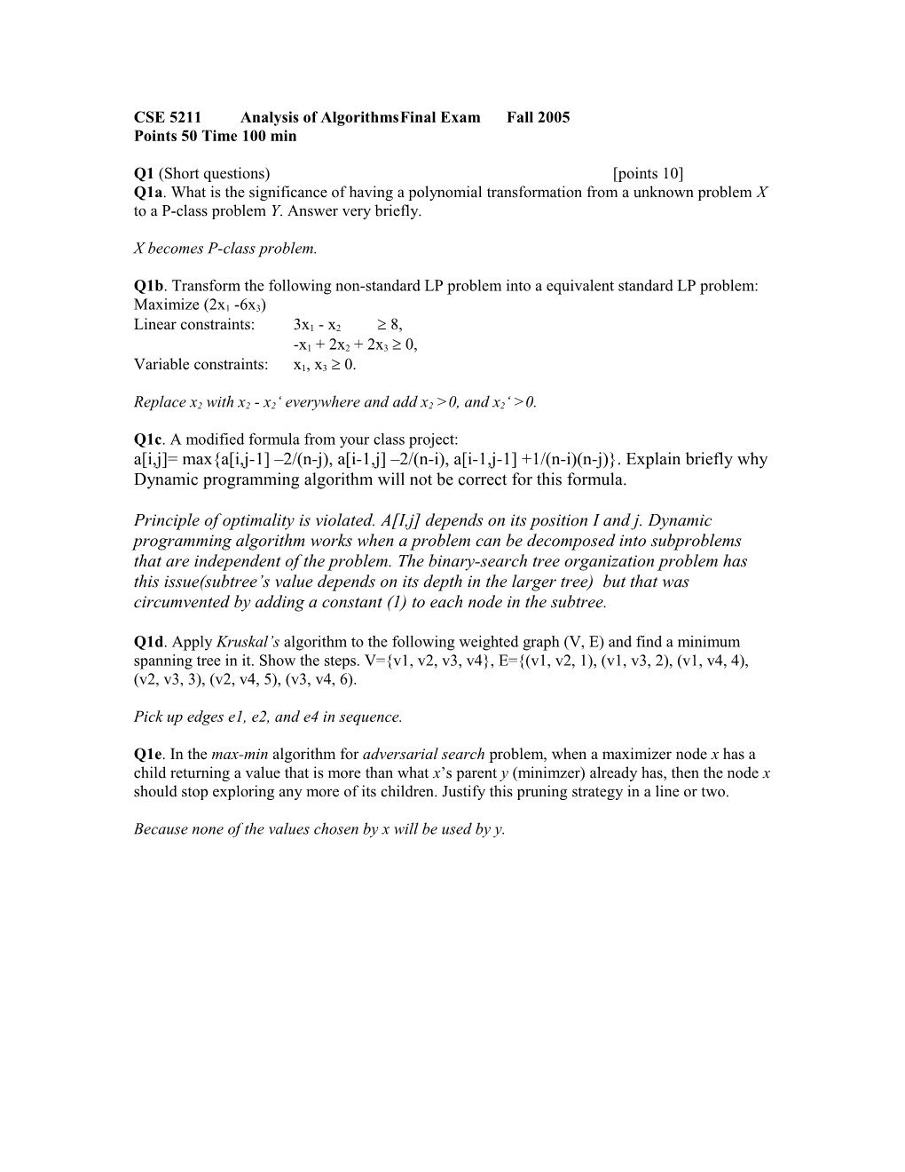 CSE 5211Analysis of Algorithmsfinal Examfall 2005