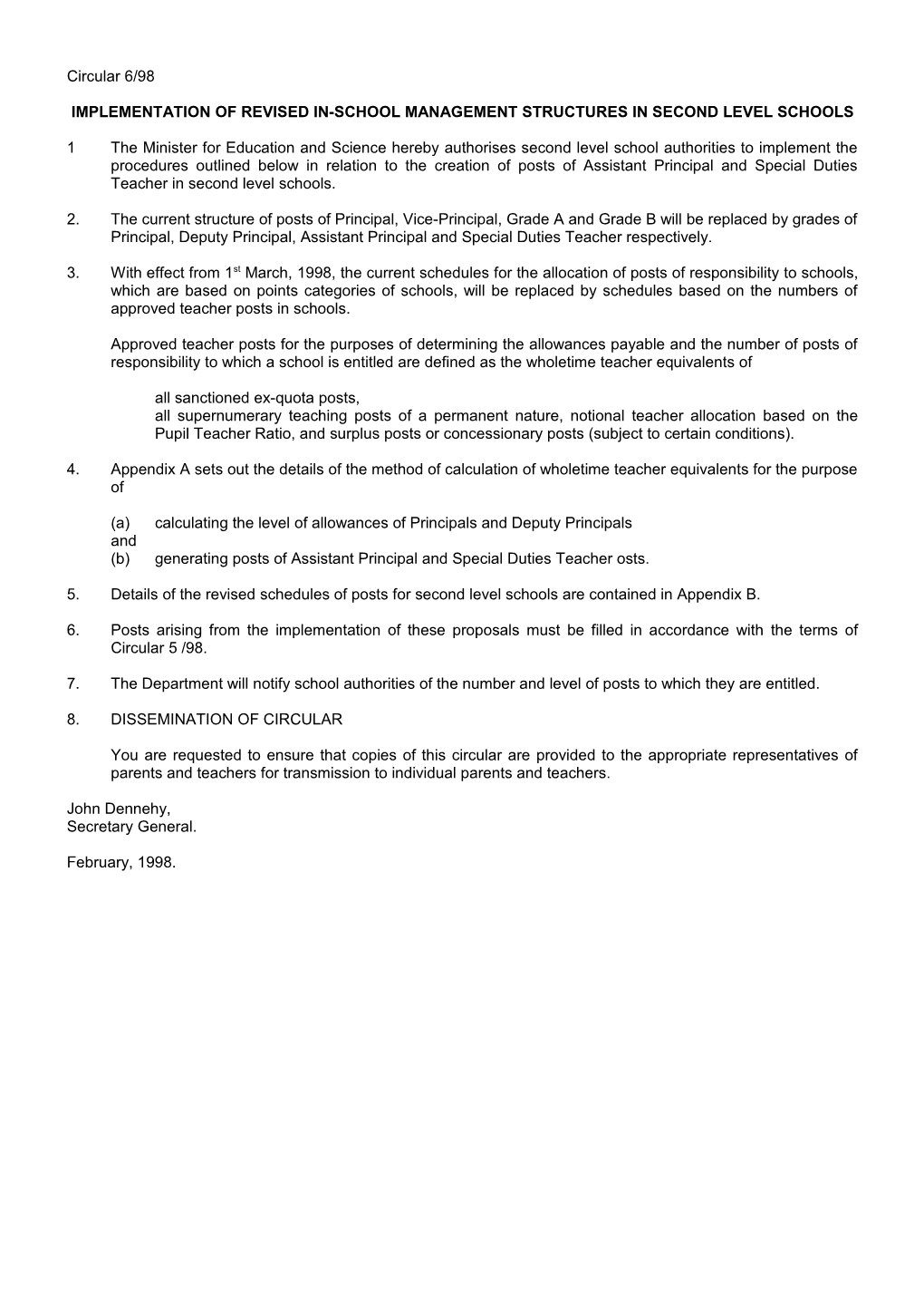 Implementation of Revised In-School Management Structures in Second Level Schools