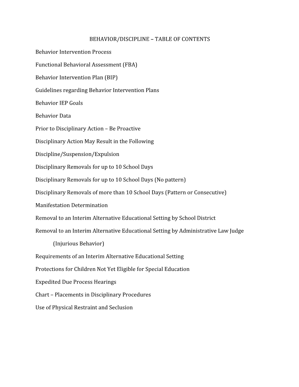 Behavior/Discipline Table of Contents