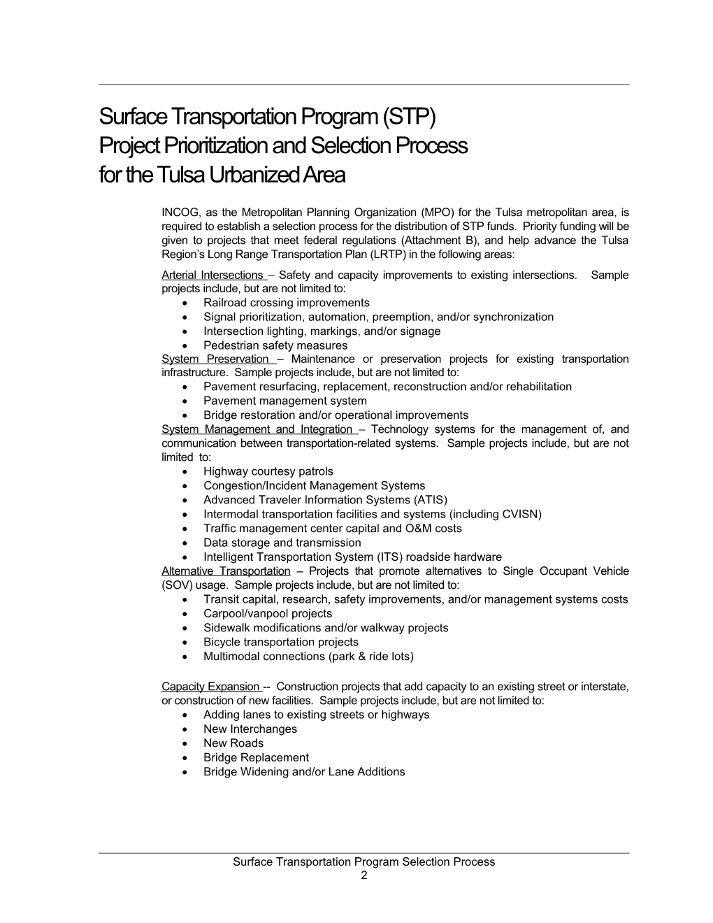 Surface Transportation Program (STP) Project Prioritization & Selection Process