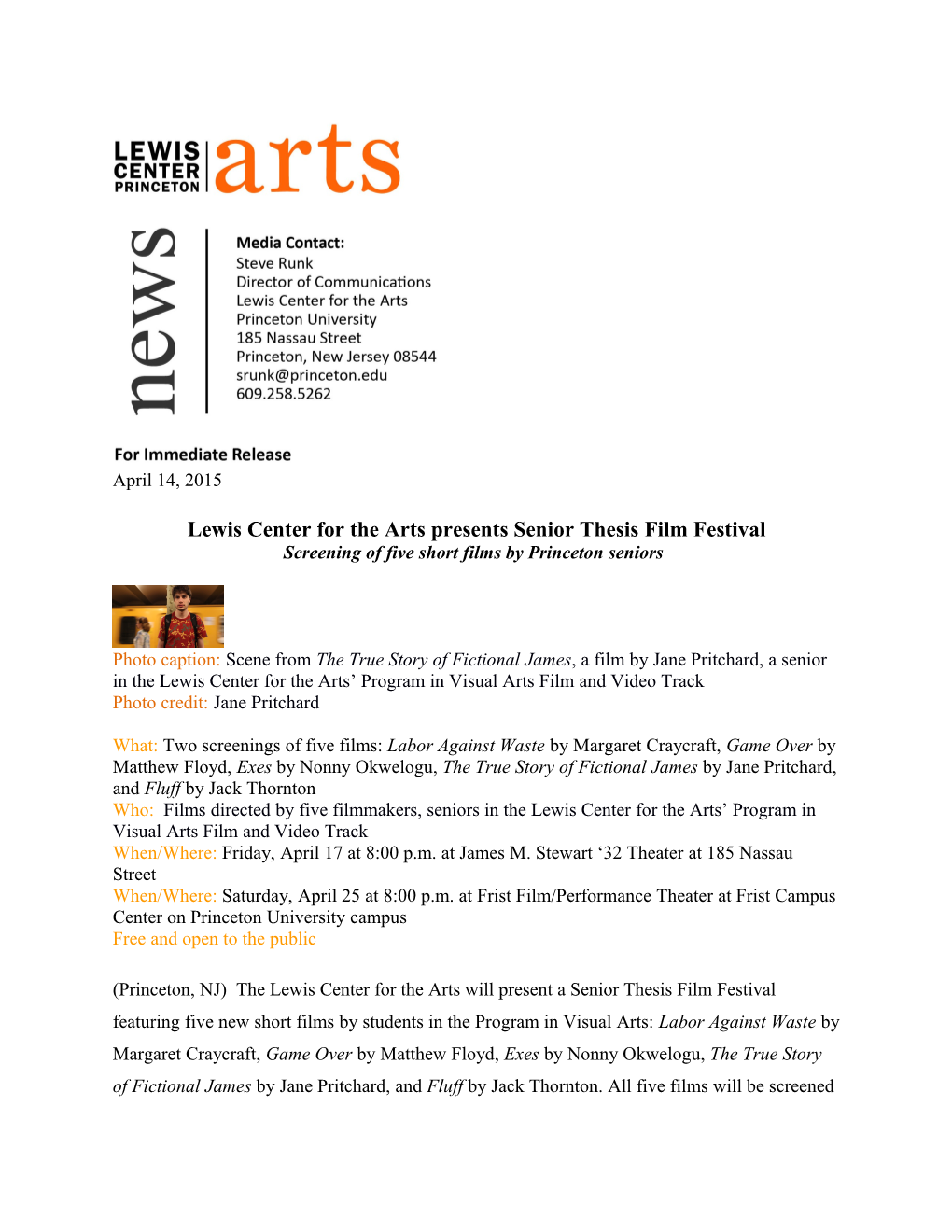 Lewis Center for the Arts Presents Senior Thesis Film Festival