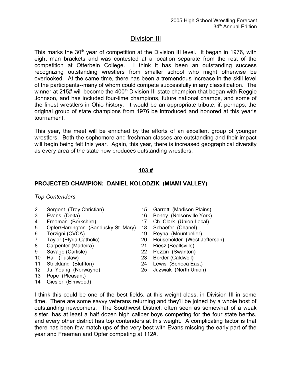 2005 High School Wrestling Forecast