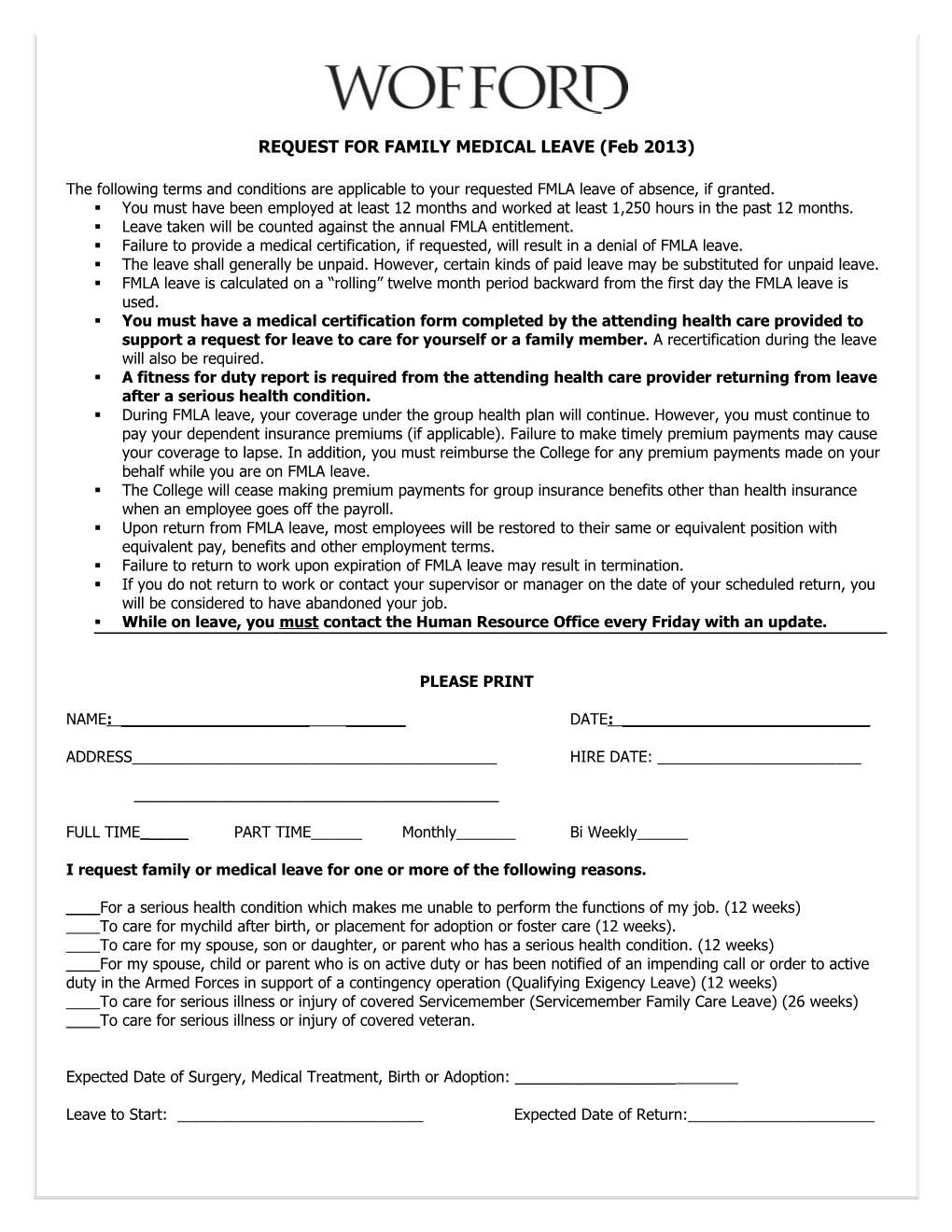 REQUEST for FAMILYMEDICAL LEAVE (Feb 2013)