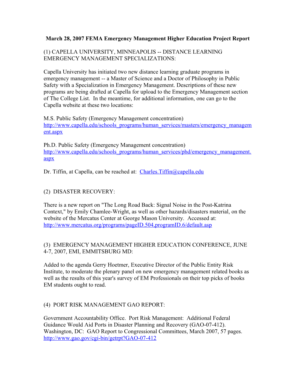 March 28, 2007 FEMA Emergency Management Higher Education Project Report