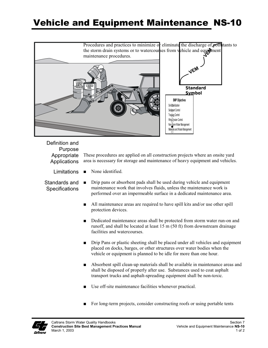 Construction Site Best Management Practices Manual Vehicle and Equipment Maintenance NS-10