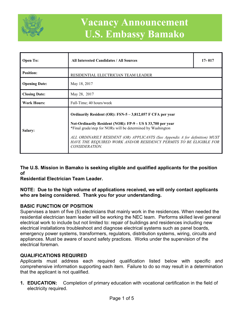 The U.S. Mission in Bamako Is Seeking Eligible and Qualified Applicants for the Position Of