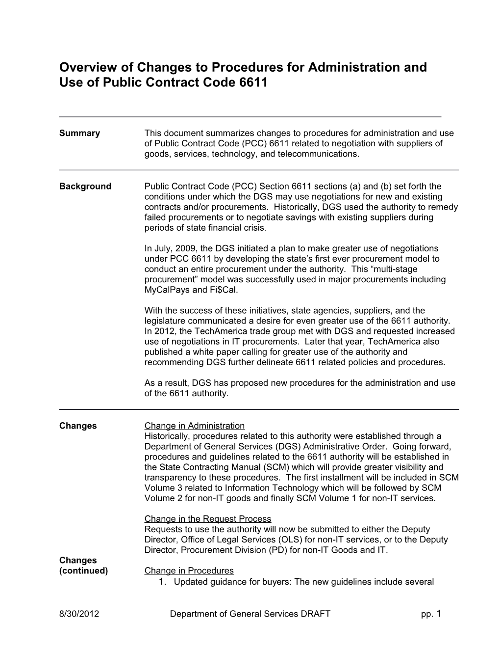 Overview of Changes to Procedures for Administration and Use of Public Contract Code 6611