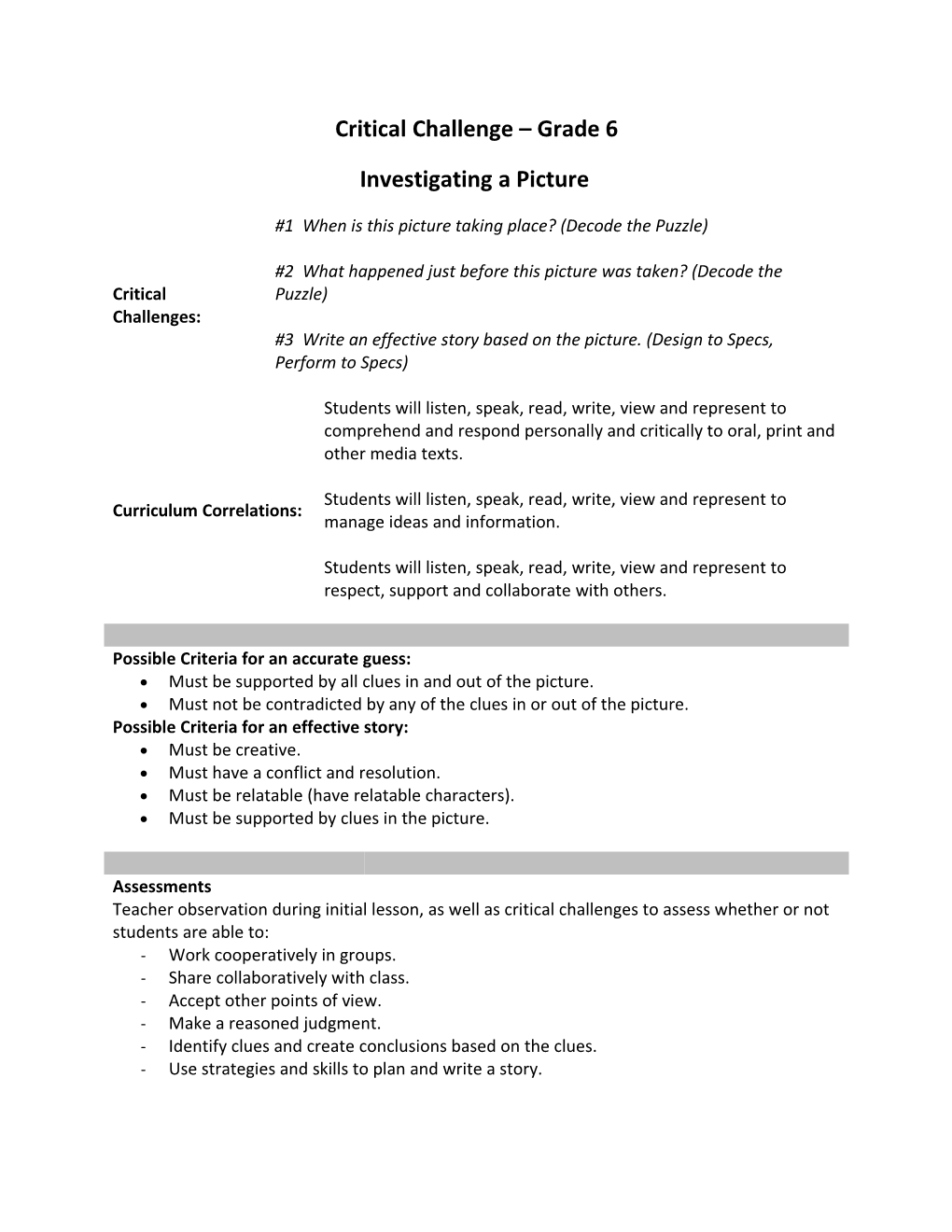 Critical Challenge Lesson Plan Template